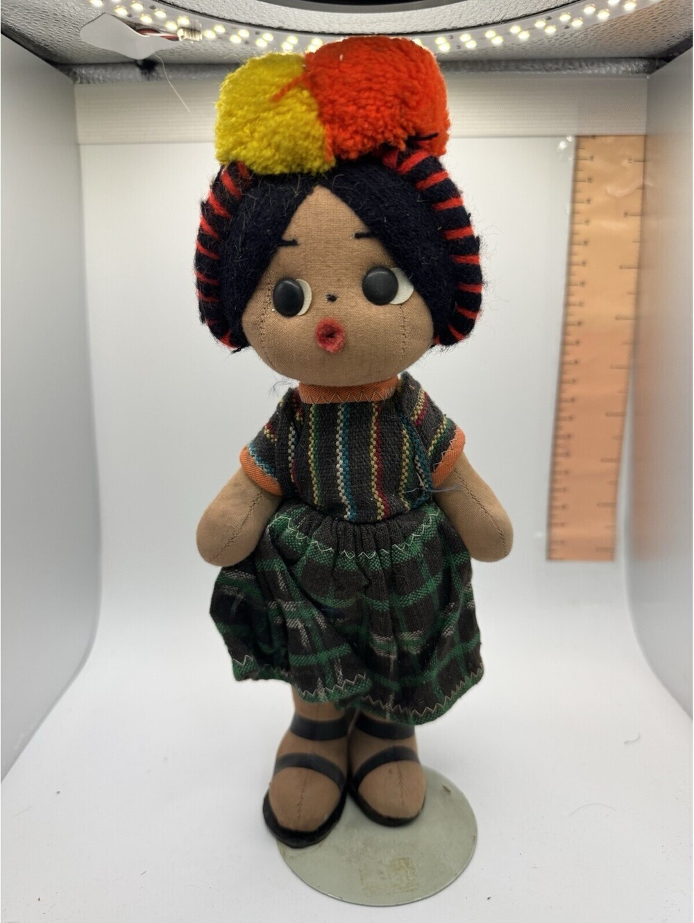 Vintage Handmade Guatemala Folk Art Woman Doll On Stand